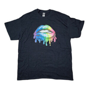 Sexy Rainbow Dripping Lips Black T-shirt Funny Tee Size XL
